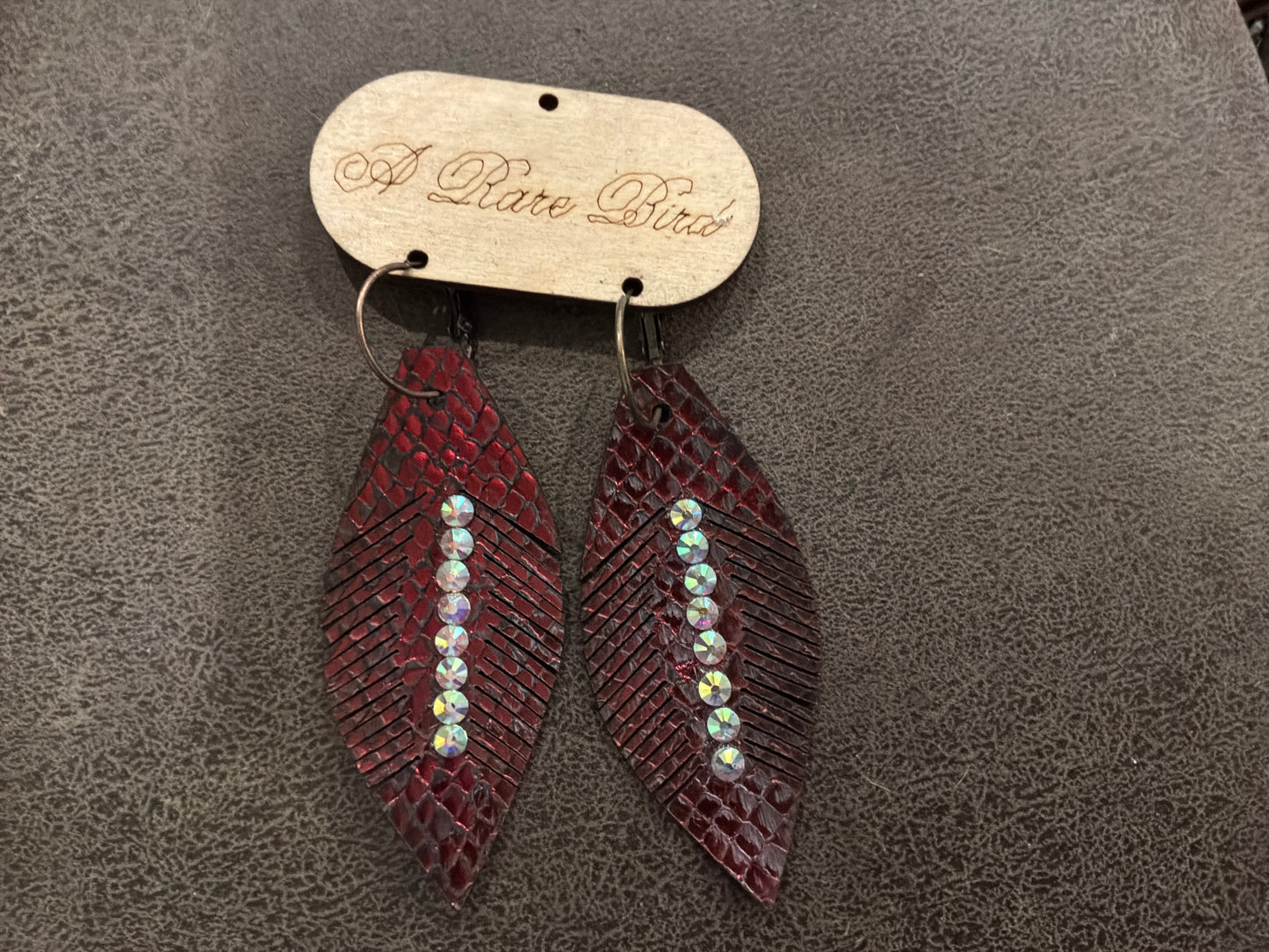 ARB’s Hand Cut Leather Feather Earrings with Rhinestones