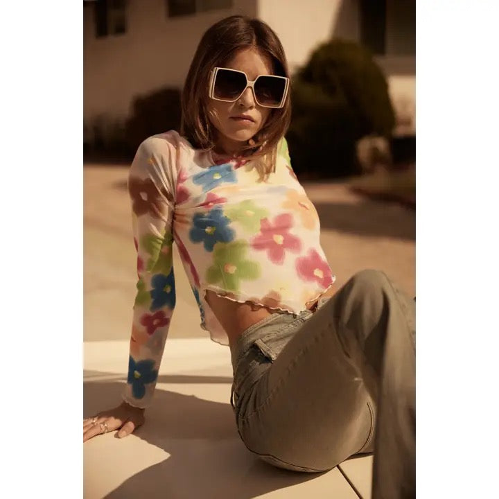 Floral semi-sheer boat neck bandana hem mesh top