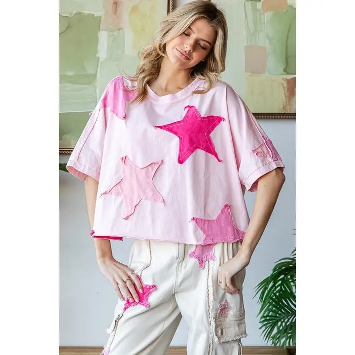 Washed star patchwork oversized multi-pink top