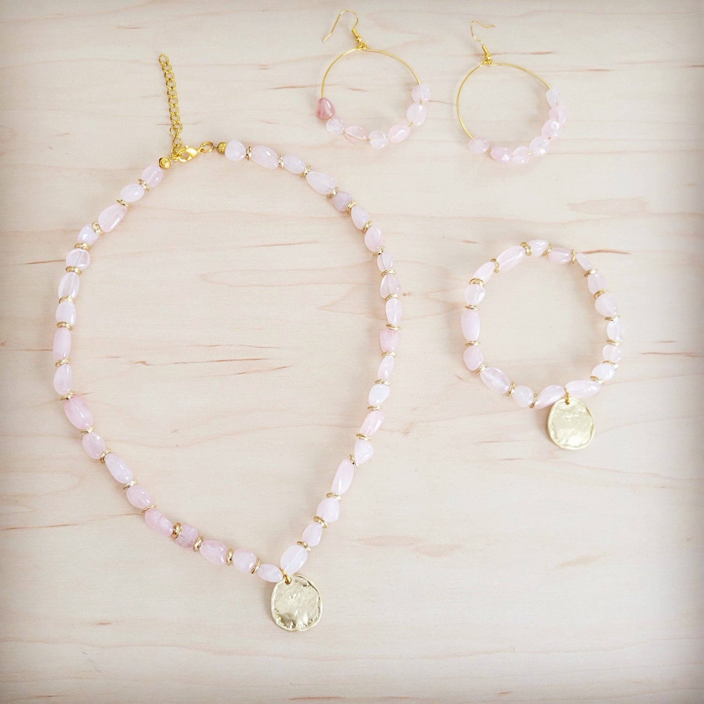 Rose Quartz Collar Necklace w/ Gold Coin Charm 263h