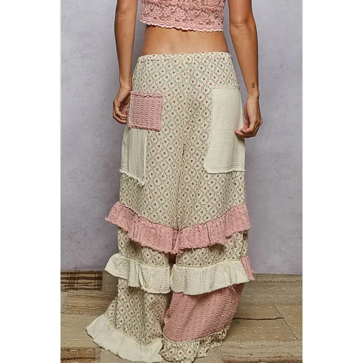 Textured twill contrast ruffle printed woven wide pants