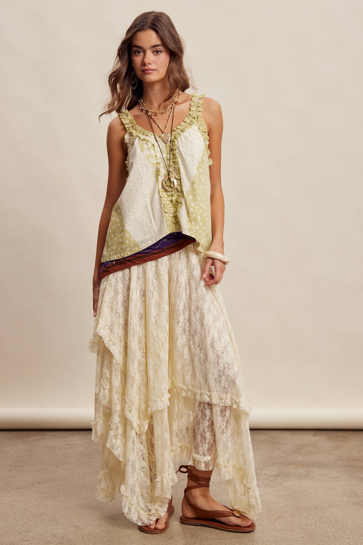Ruffle Trim Patchwork Tank Top LT1466