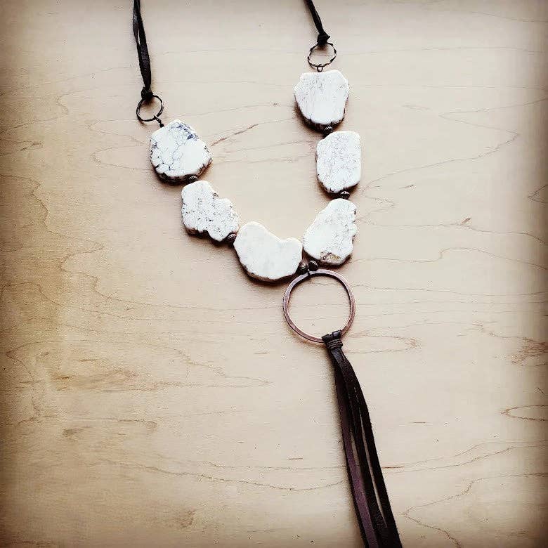 White Turquoise Chunky Necklace with Leather Tassel 225K