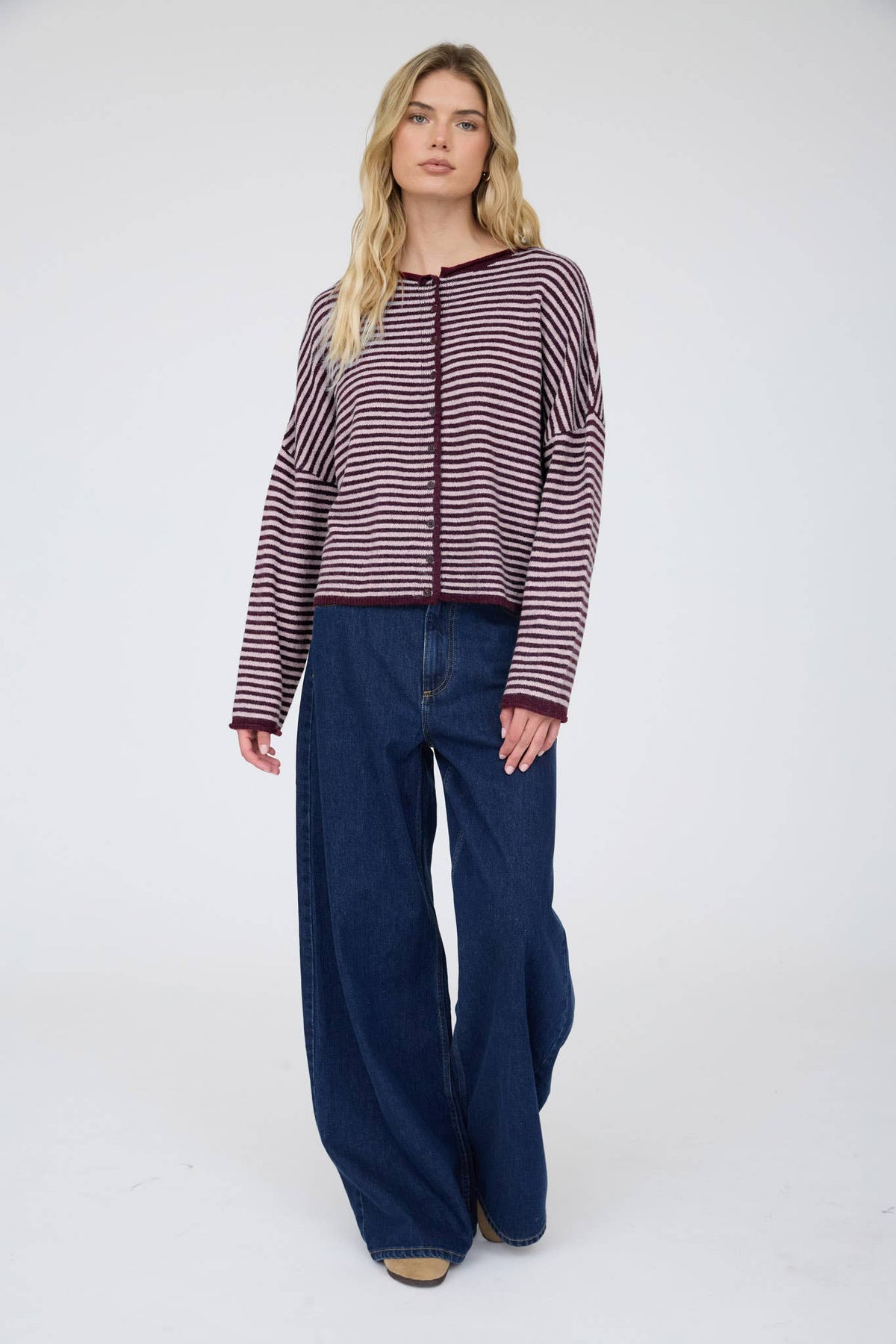STRIPE RAW EDGE BUTTON DOWN LONG SLEEVE CARDIGAN