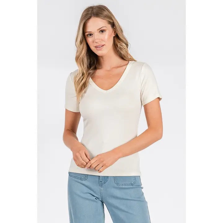 Ribbed V-neck, short sleeve basic classic tee - MITTOSHOP 