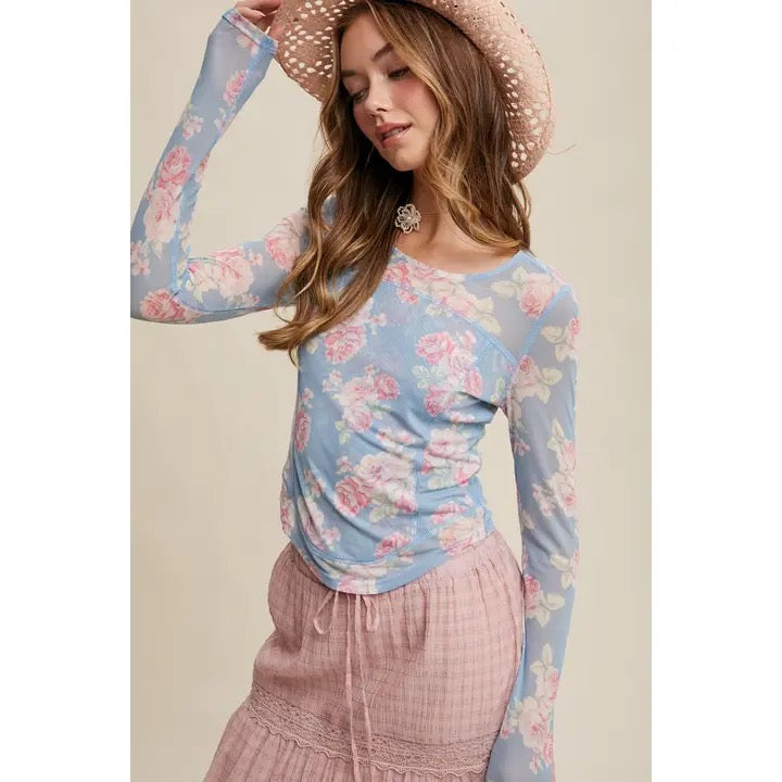Floral mesh long sleeve layering top 