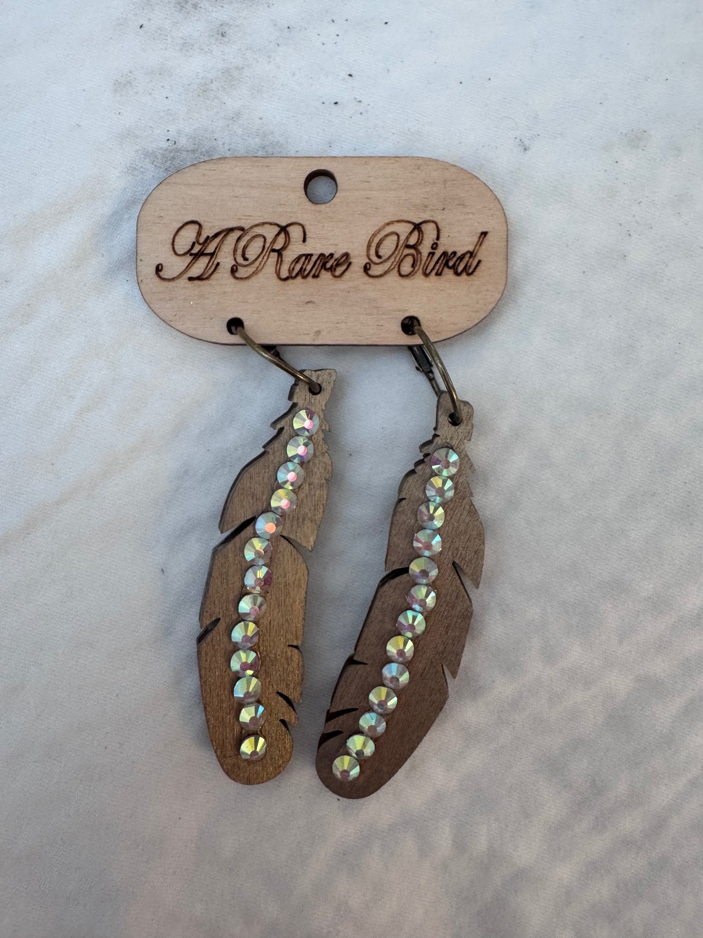 Wooden Feather Earrings with Rhinestones