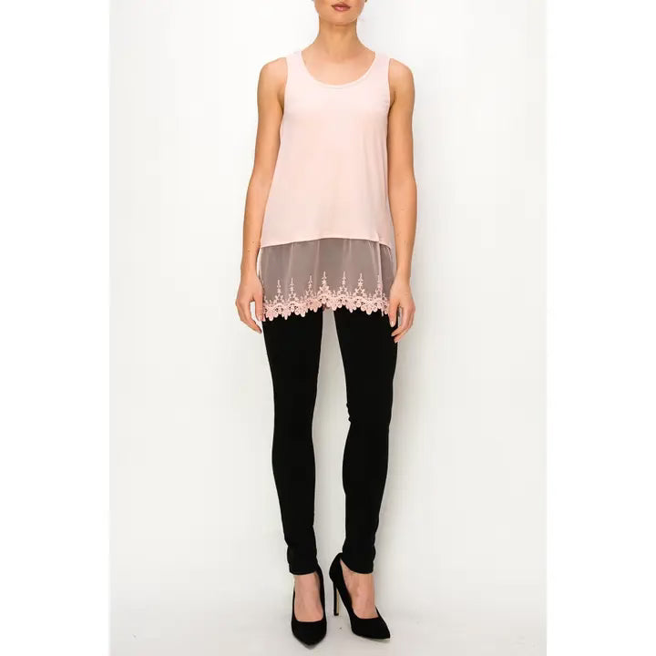 Soft relaxed tank with delicate floral laced hem