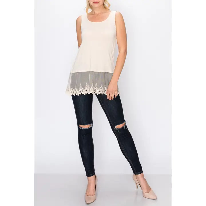 Soft relaxed tank with delicate floral laced hem - beige