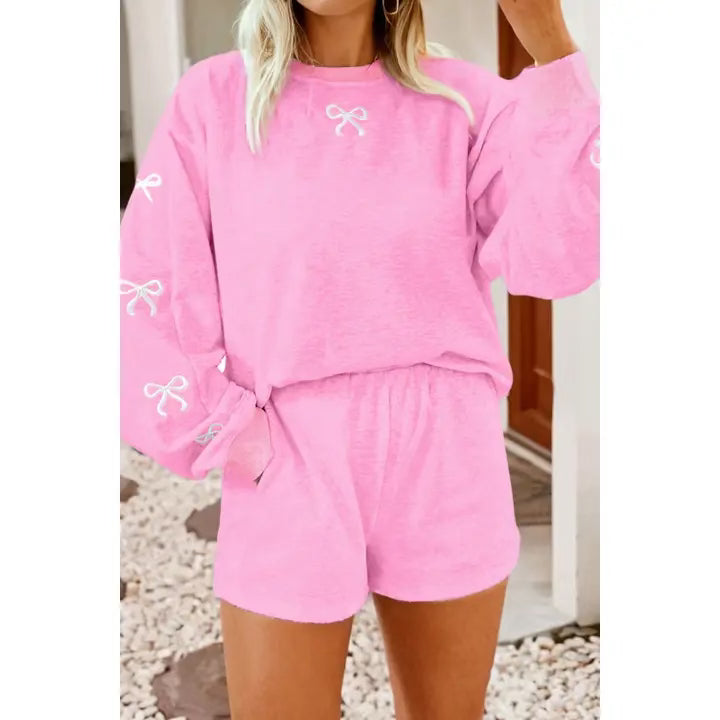 Little daisy closet pink sweat set with white embroidered bows