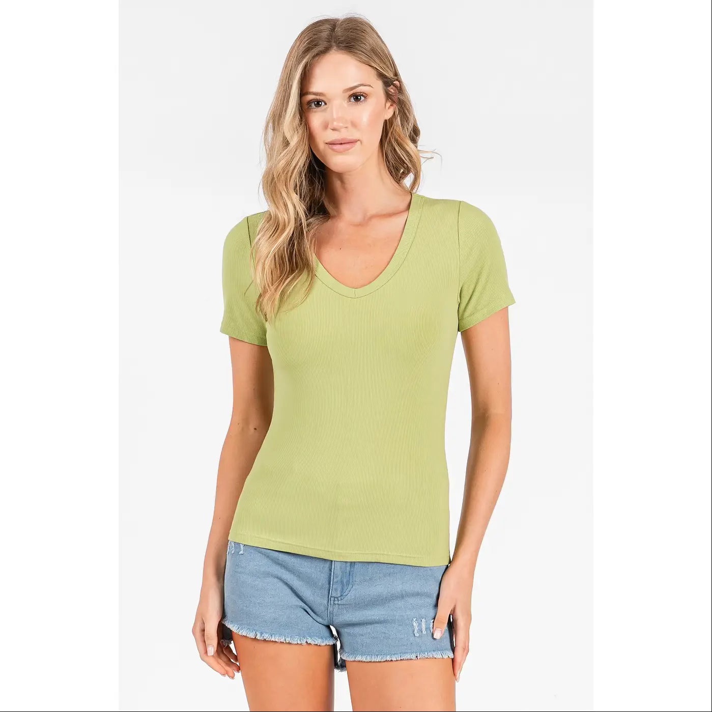 Ribbed V-neck, short sleeve basic classic tee - MITTOSHOP