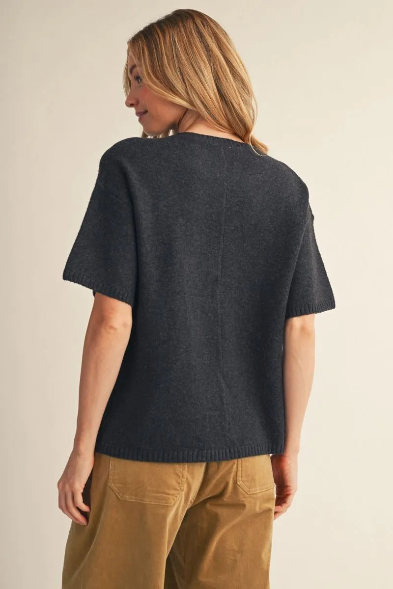 Drop Should Short Sleeve Sweater - Charcoal