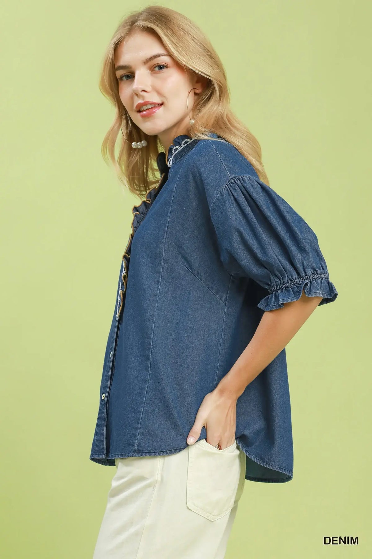 Chambray Scalloped Trim Button Front Blouse