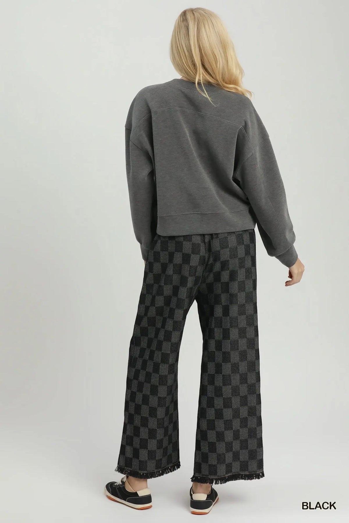 Checkered Wide Leg Frayed Hem Pants