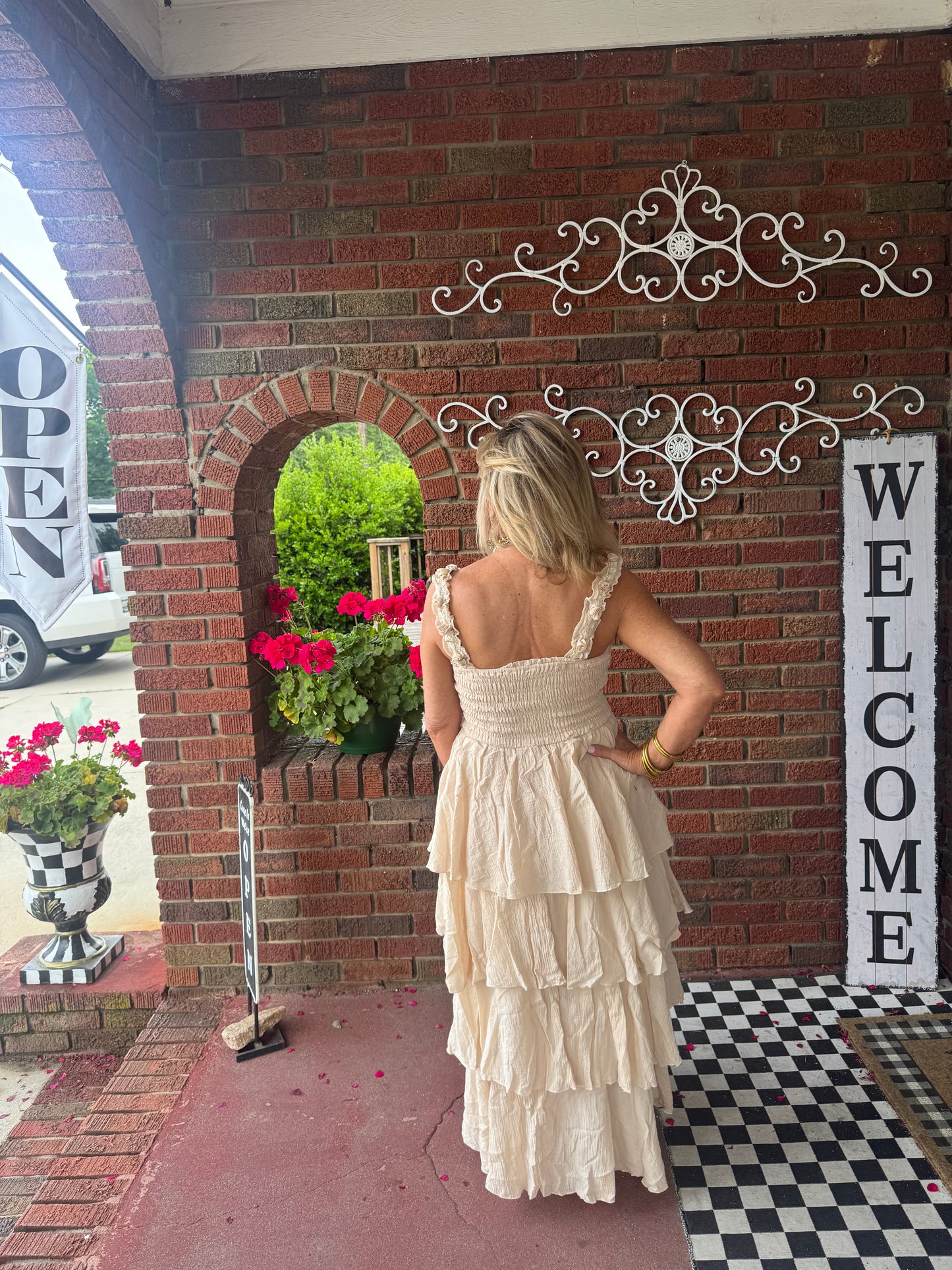 Floral straps tiered cotton dress