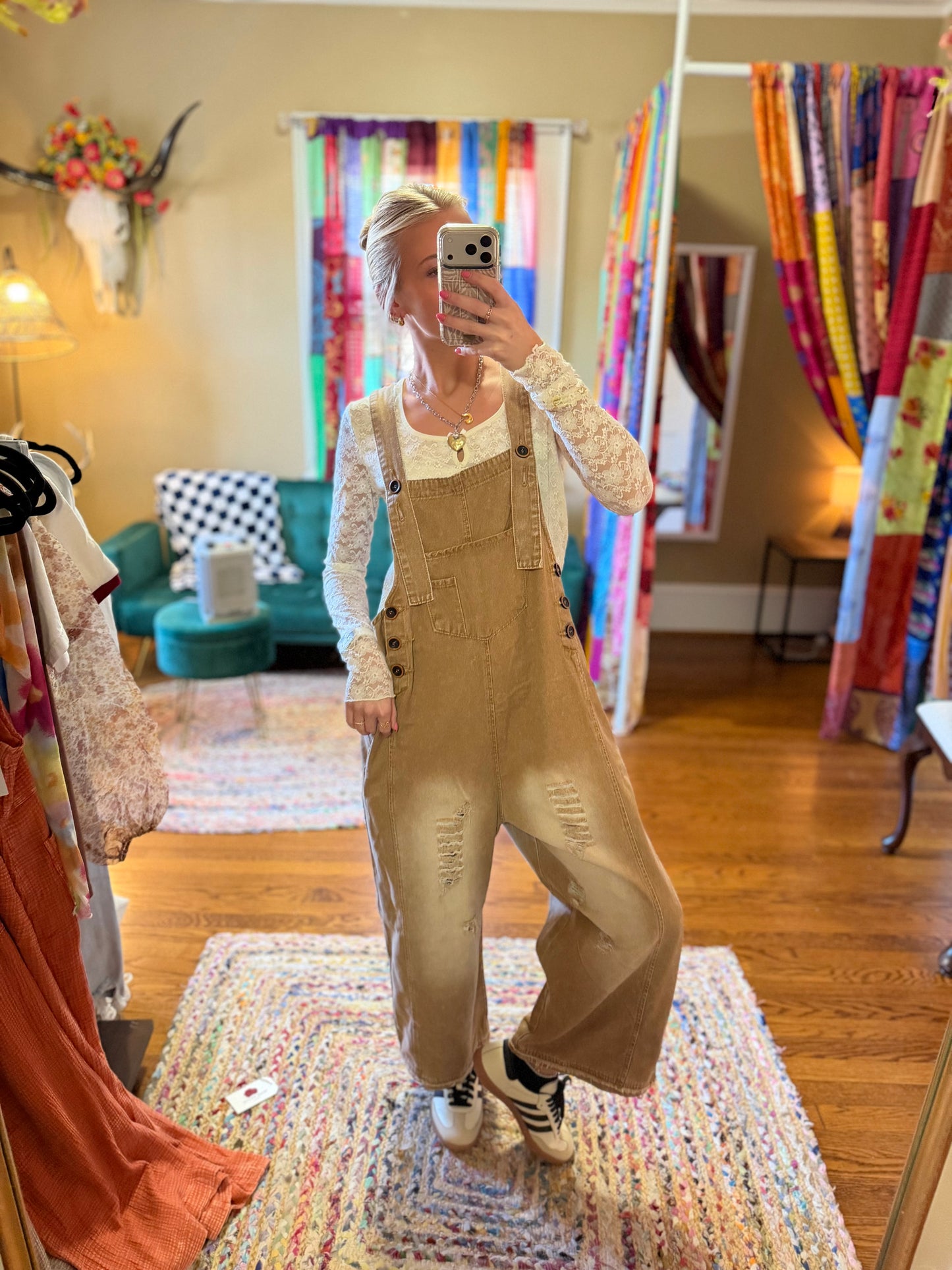 Washed denim loose fit overalls 