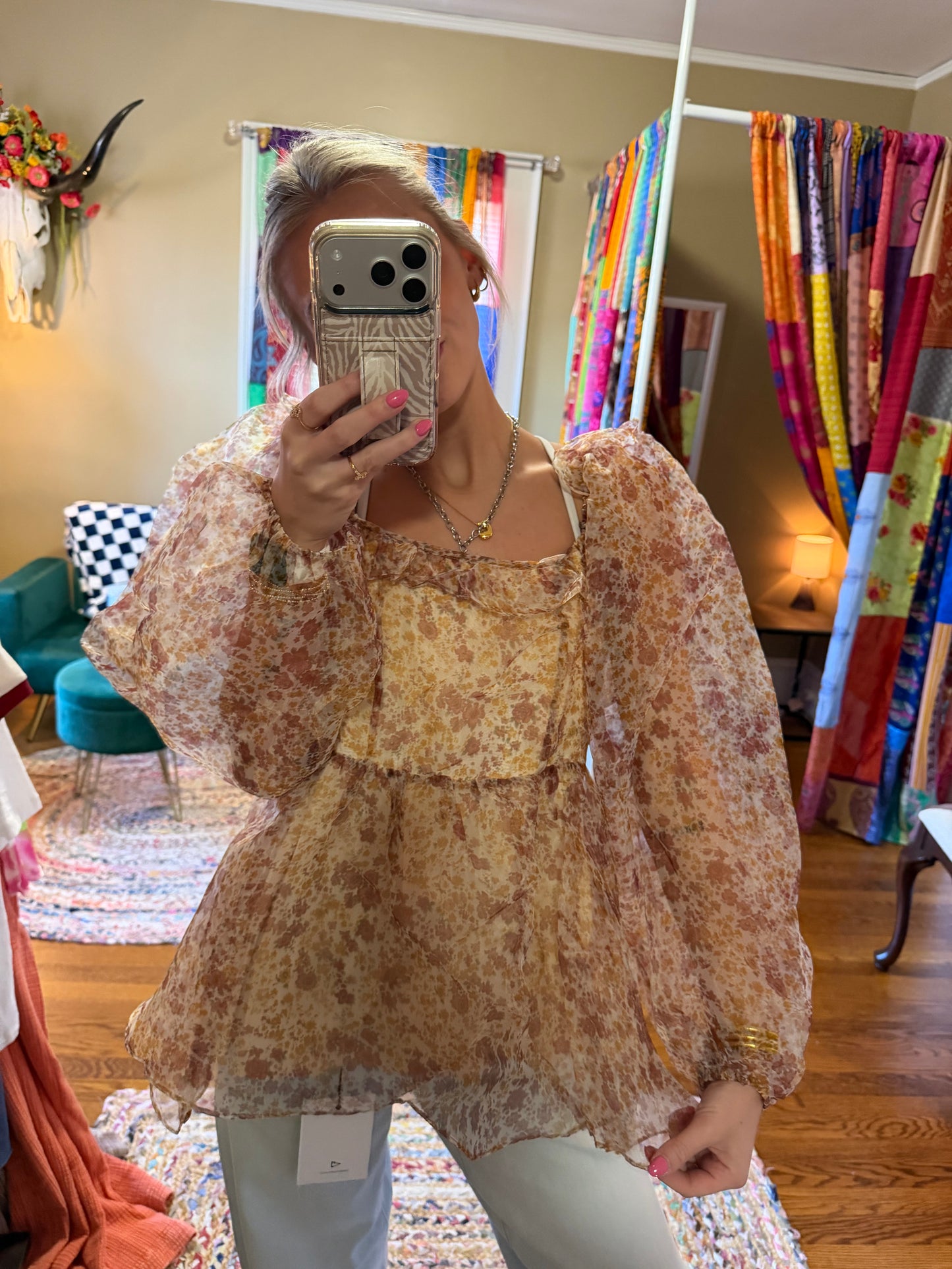 Flower print ruffle detail babydoll blouse