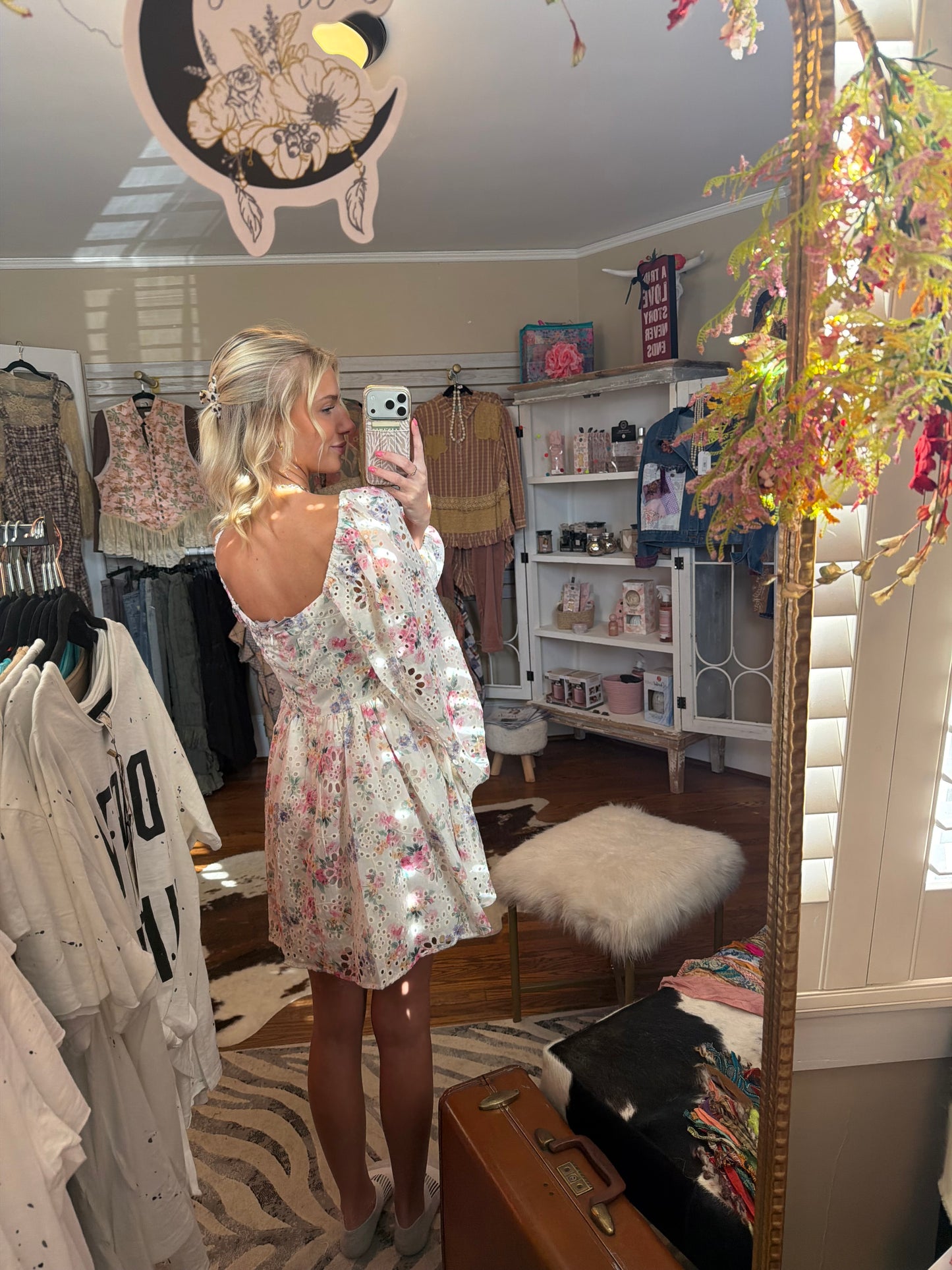 Floral eyelet puff sleeve mini dress