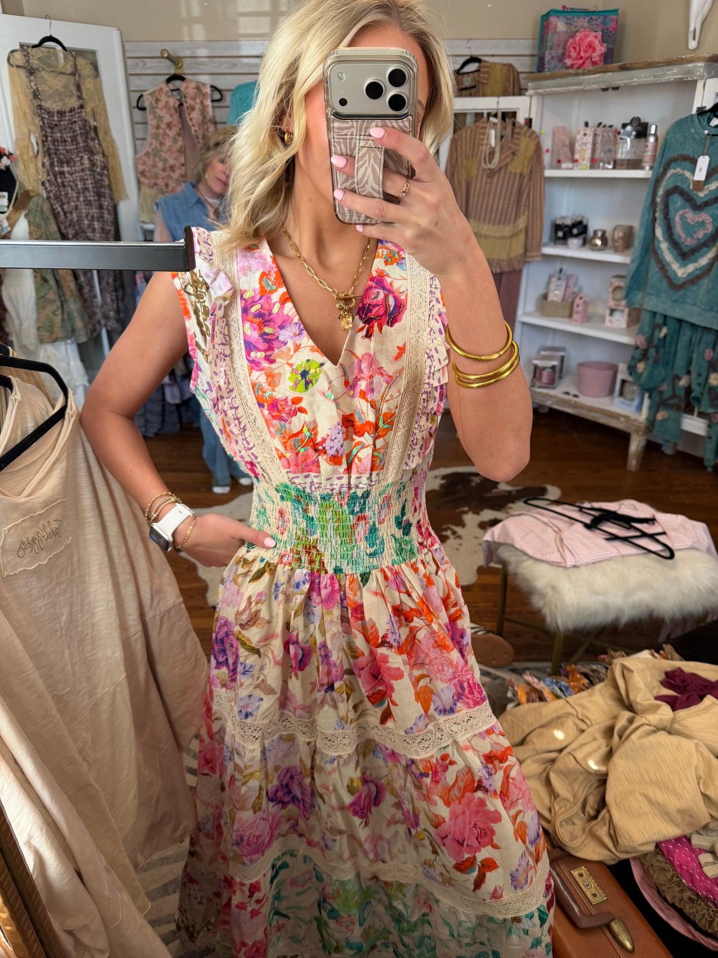V-neck smocked waist ruffle floral maxi dress