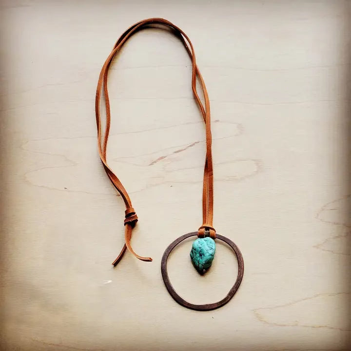 Leather cord necklace with gold hoop and natural turquoise