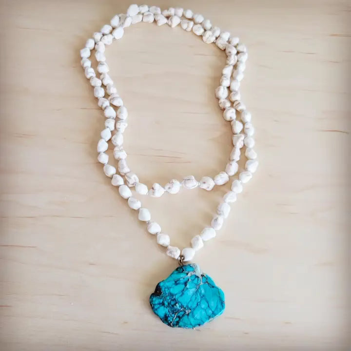 Long white turquoise beaded necklace w regalite pendant
