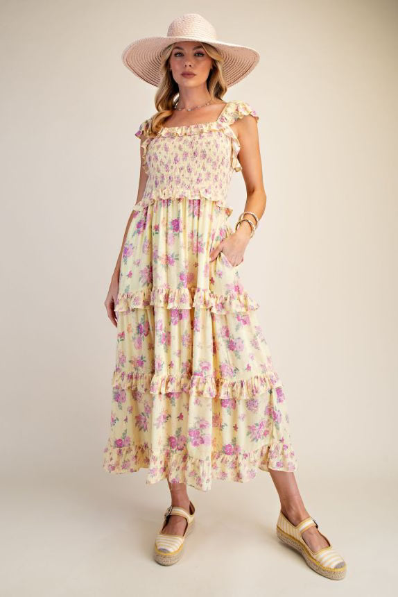Yellow gauze tiered maxi dress