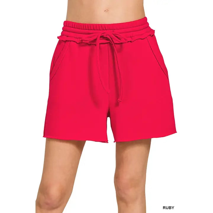 Fleece raw hem shorts with drawstring and pockets - ruby