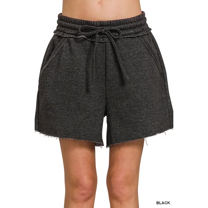 Snow wash fleece drawstring shorts - black
