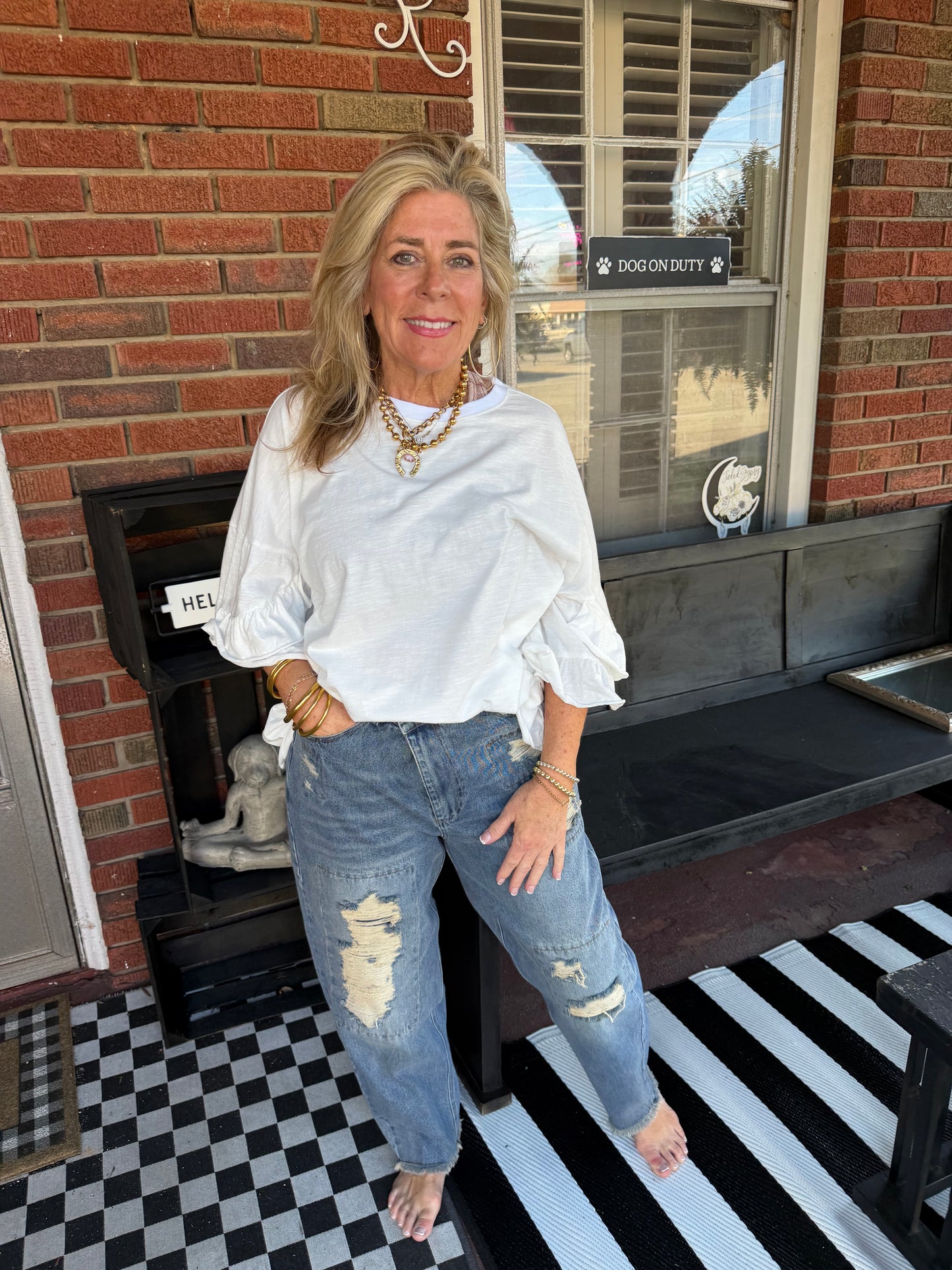 Wing ruffle sleeve washed cotton top