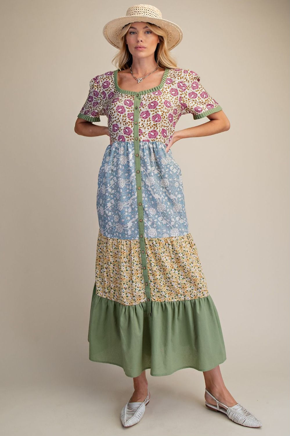 Mixed print tiered maxi dress