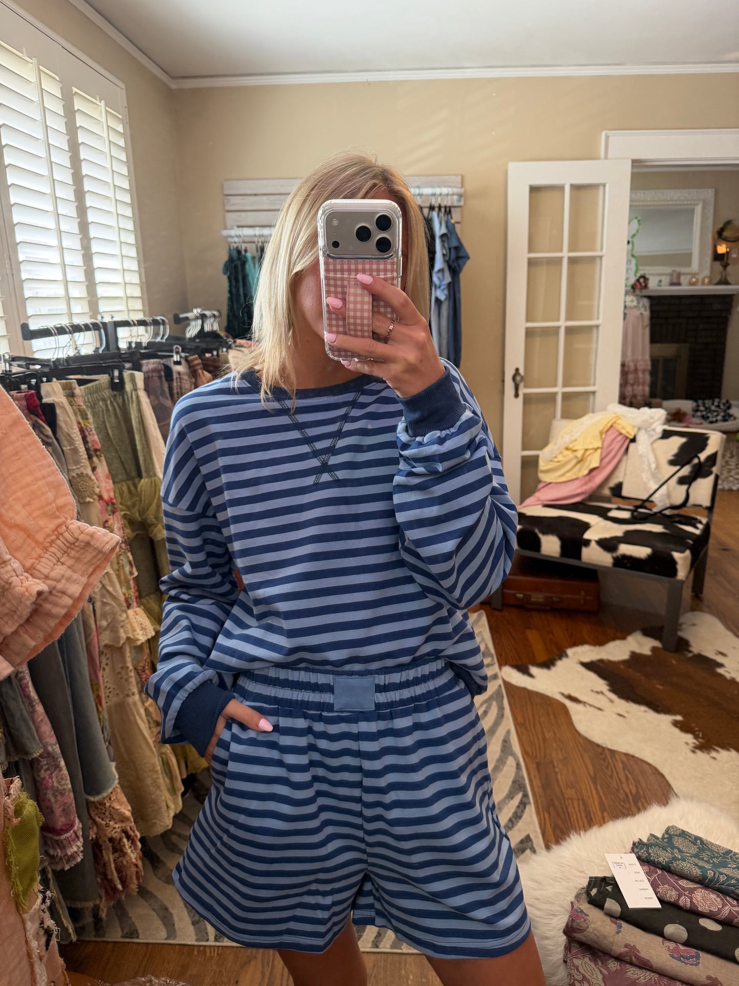 LDC Drop Shoulder Pullover Elastic Waist Striped Short Set