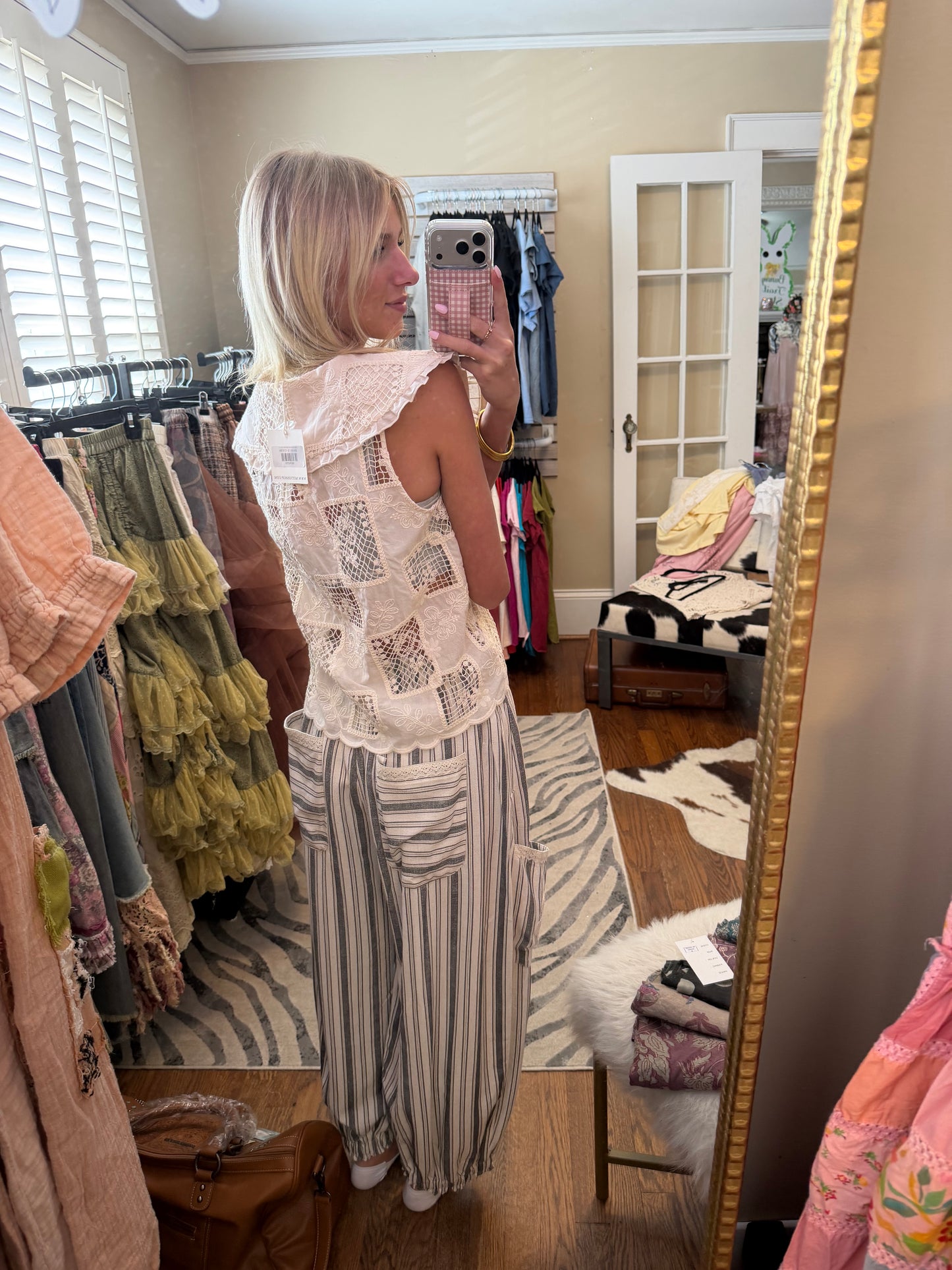 STRIPED LACE PATCHWORK LINEN BALLOON LEG PANTS