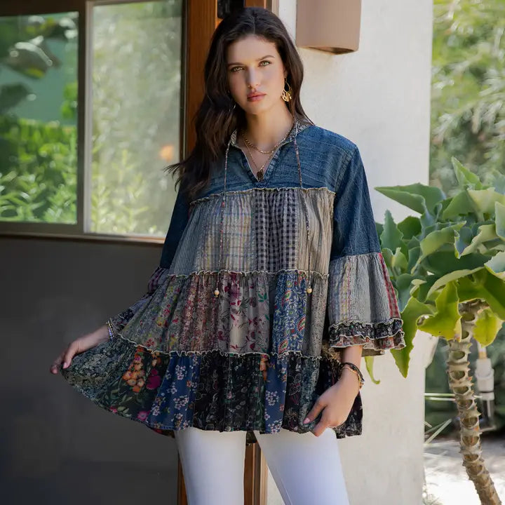 Denim Patch Pullover Top