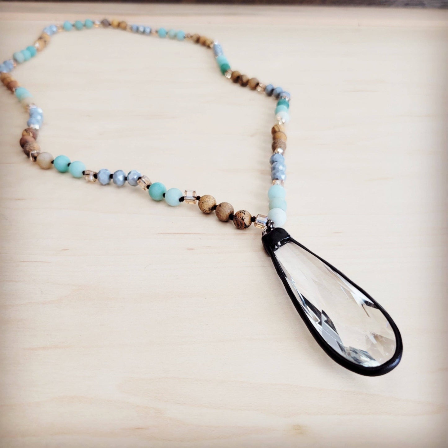Picture Jasper & Amazonite Long Beaded Necklace w/ Crystal Pendant 262r