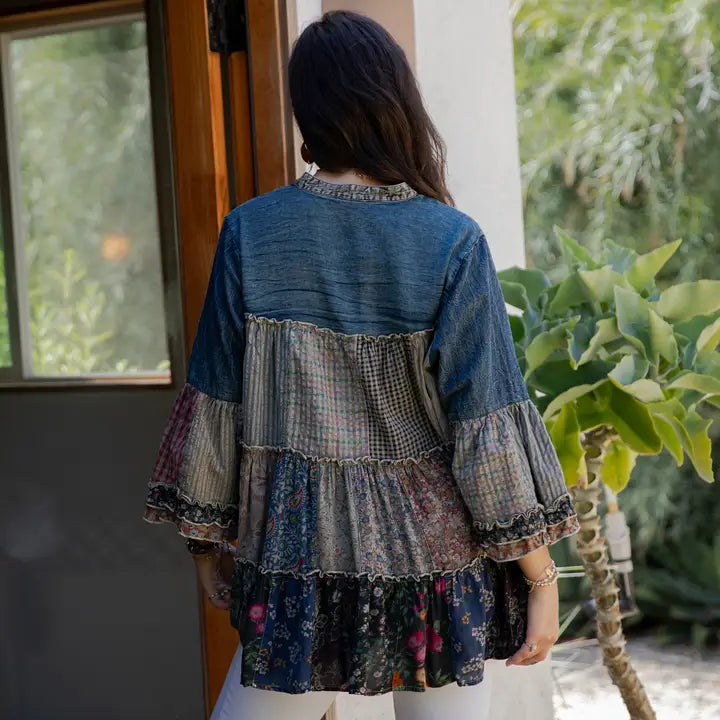 Vintage Boho Denim Yoke Patchwork Tiered Tunic Top