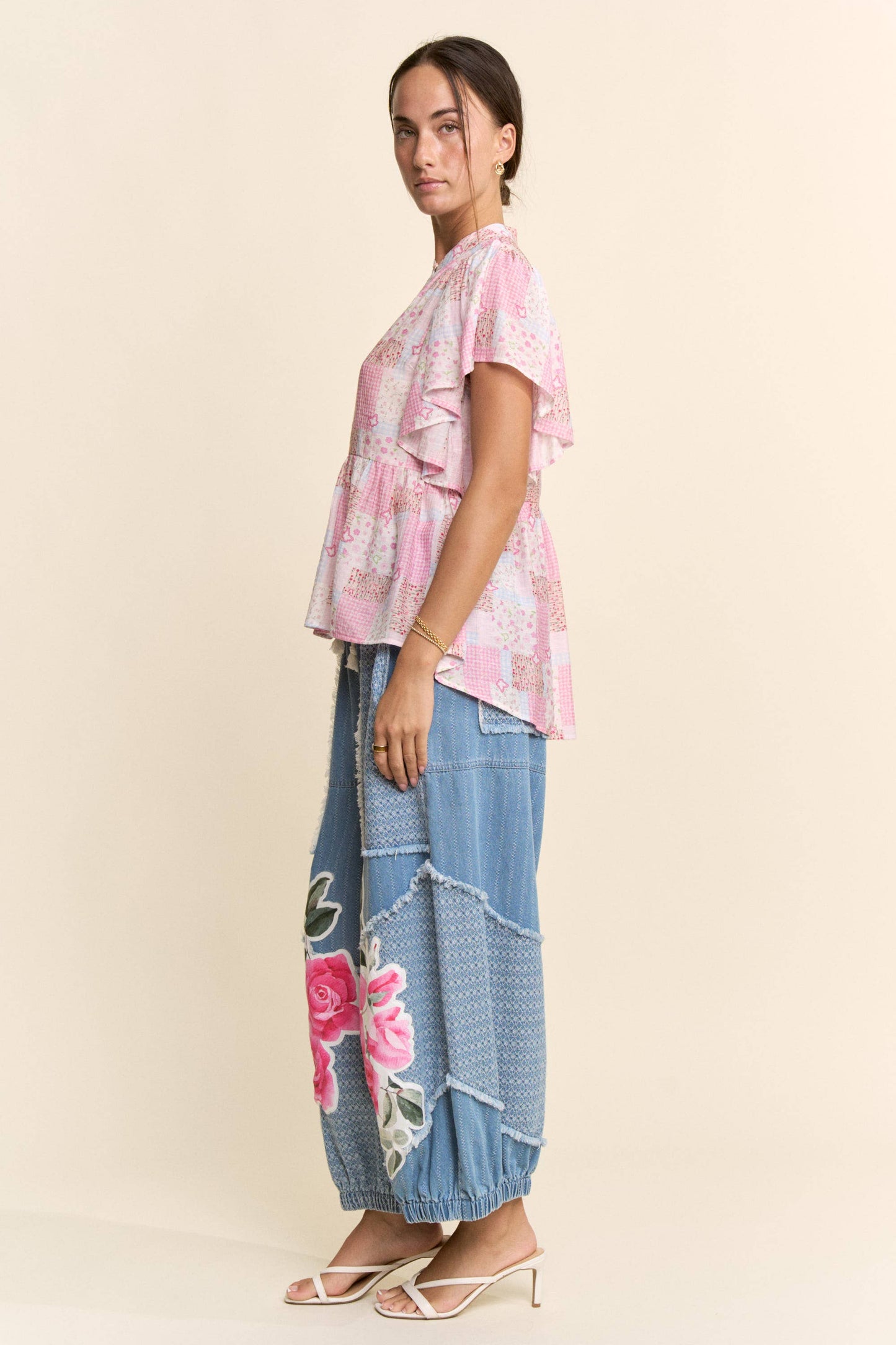 PRINTED FLOWER PATCHWORK PANTS