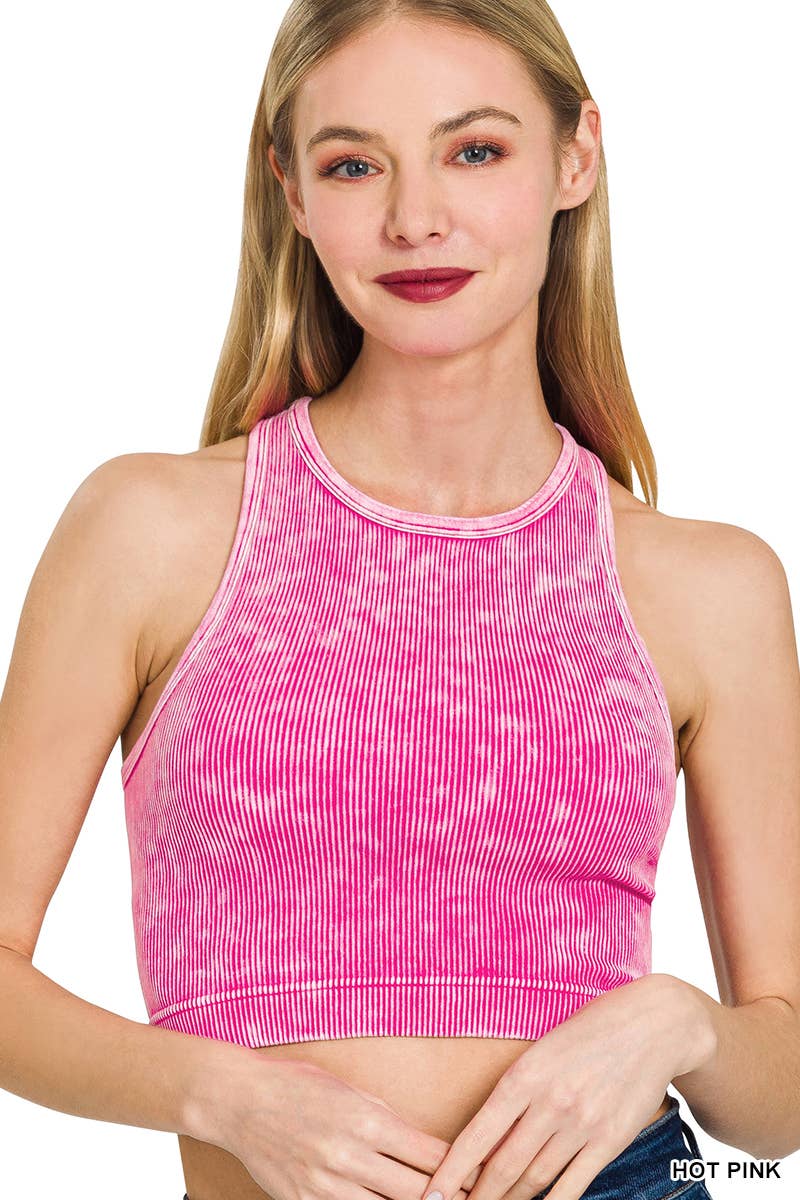 ....High-neck Racerback Premium Washed Crop Tank