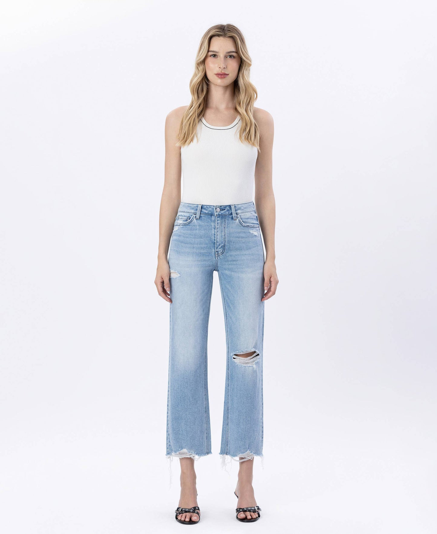 HIGH RISE DISTRESSED CROP SLIM WIDE JEANS F6037
