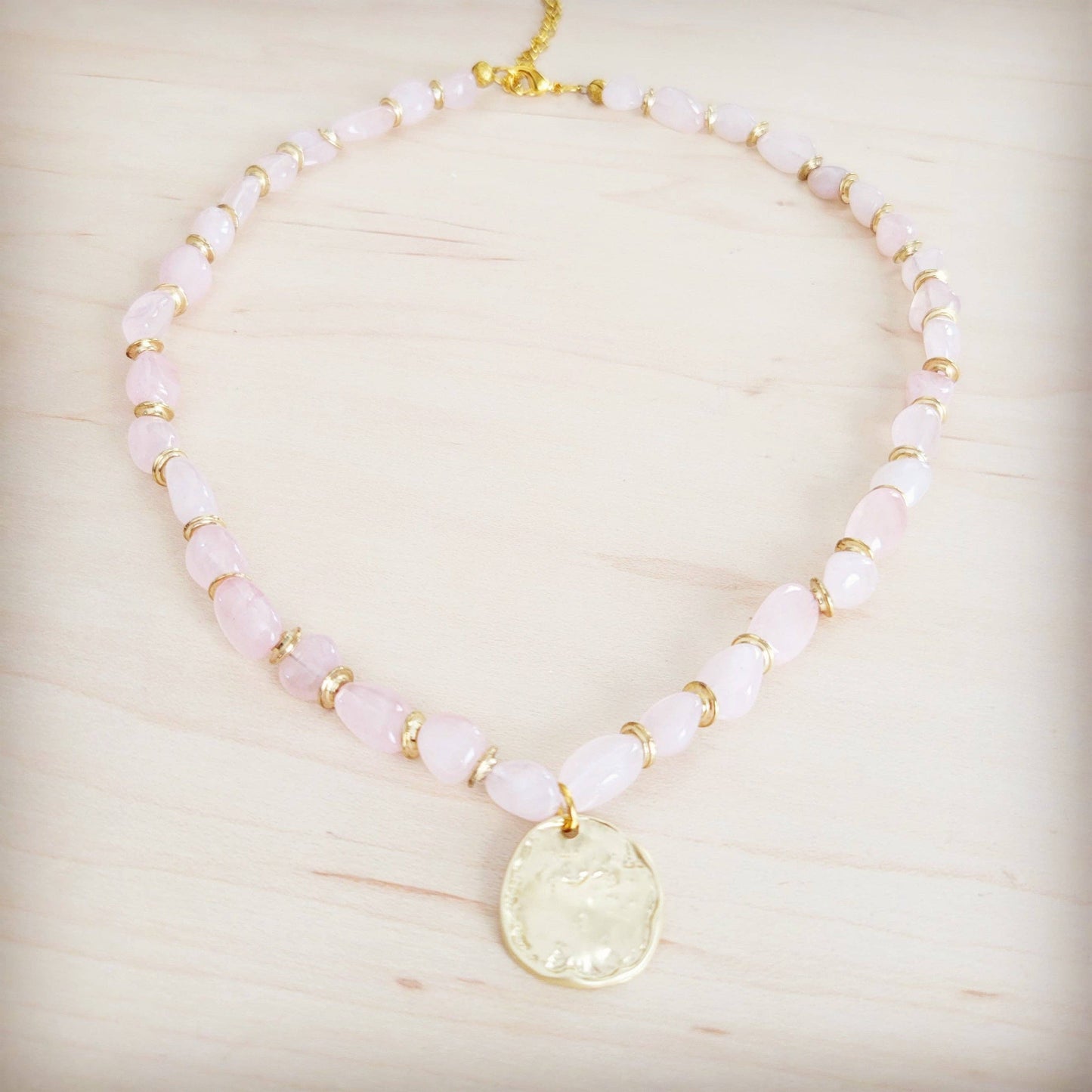 Rose Quartz Collar Necklace w/ Gold Coin Charm 263h