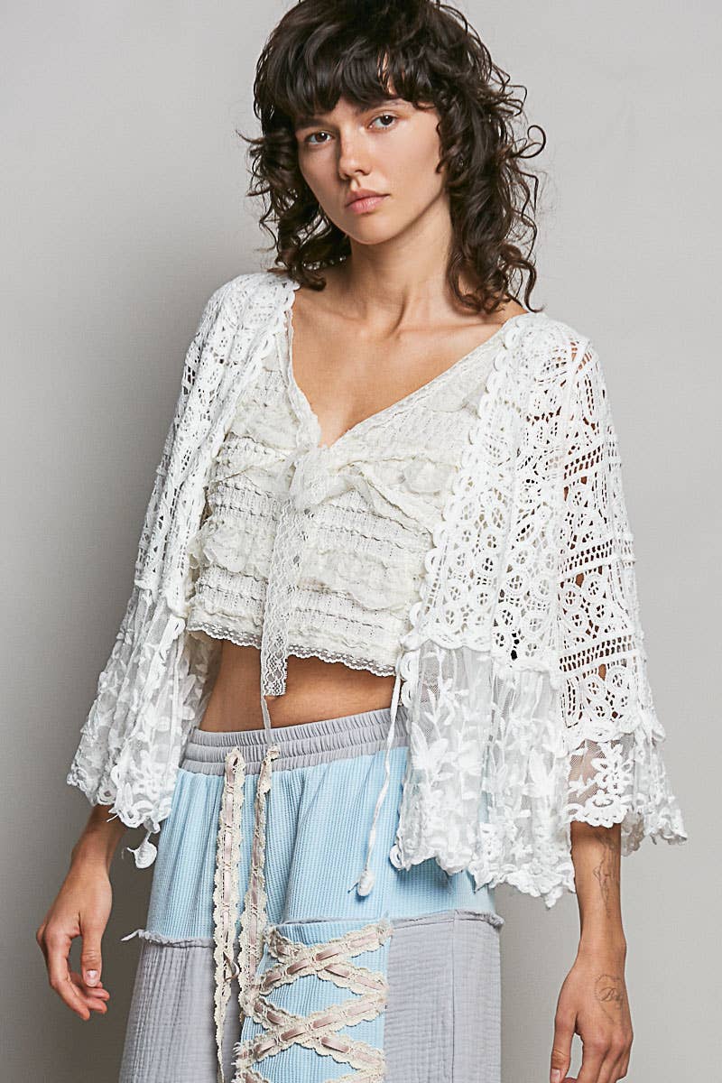 V-neck Short Sleeve Crochet Floral Lace Cardigan