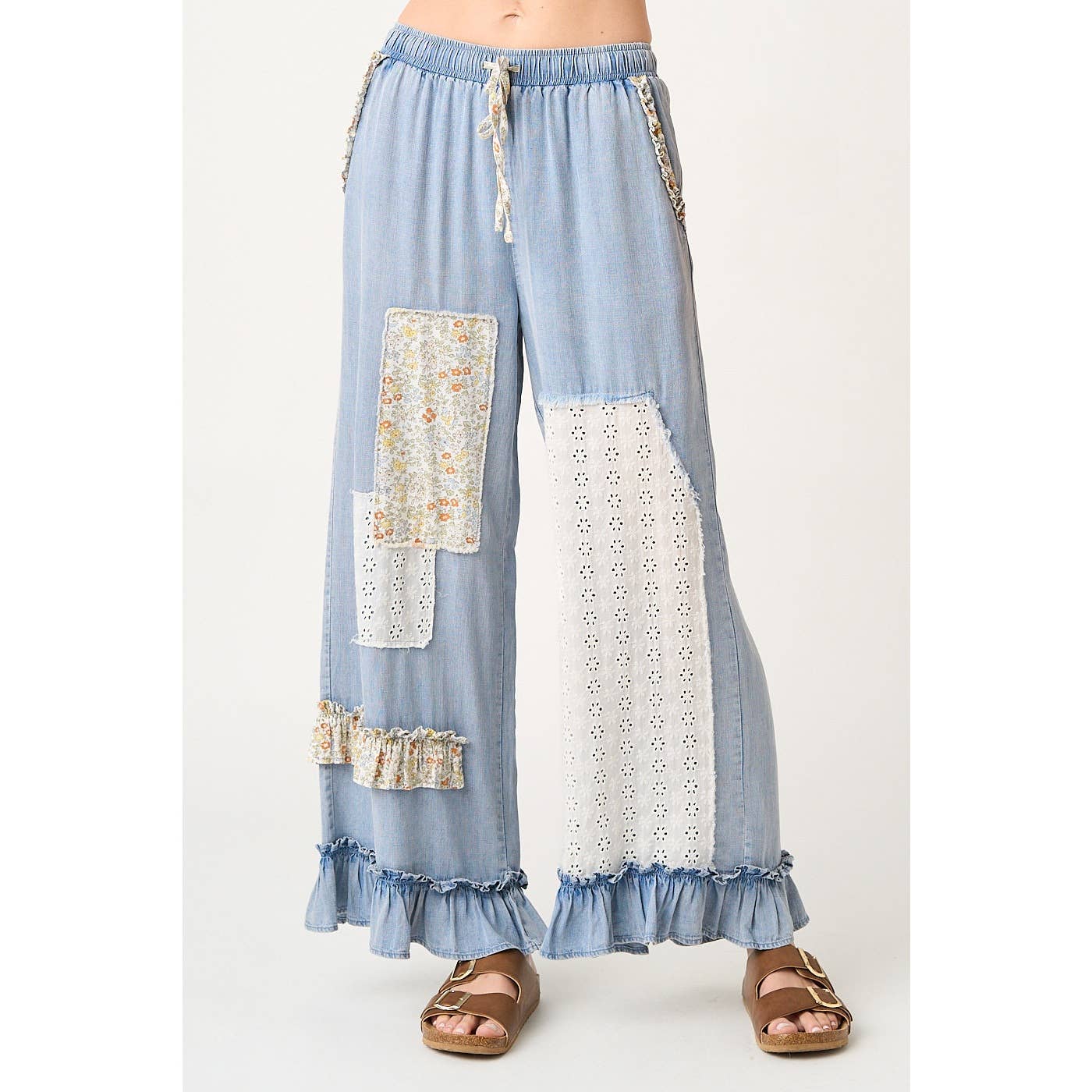 WASHED CHAMBRAY PATCHWORK WIDE LEG PANTS
