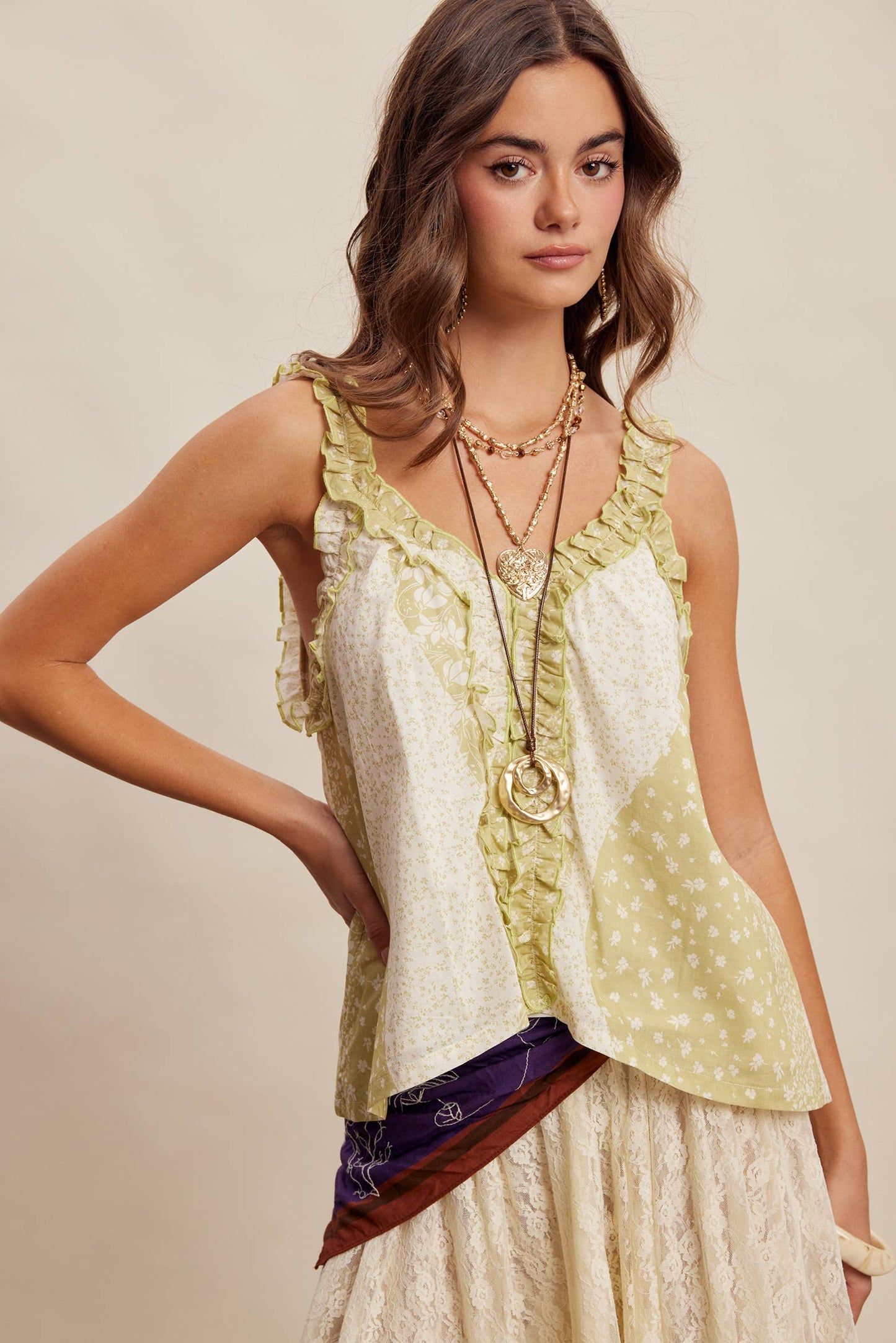 Ruffle Trim Patchwork Tank Top LT1466