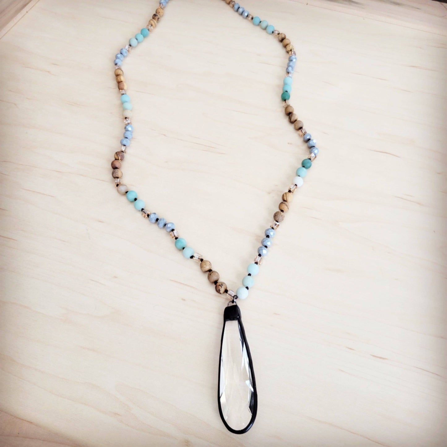 Picture Jasper & Amazonite Long Beaded Necklace w/ Crystal Pendant 262r