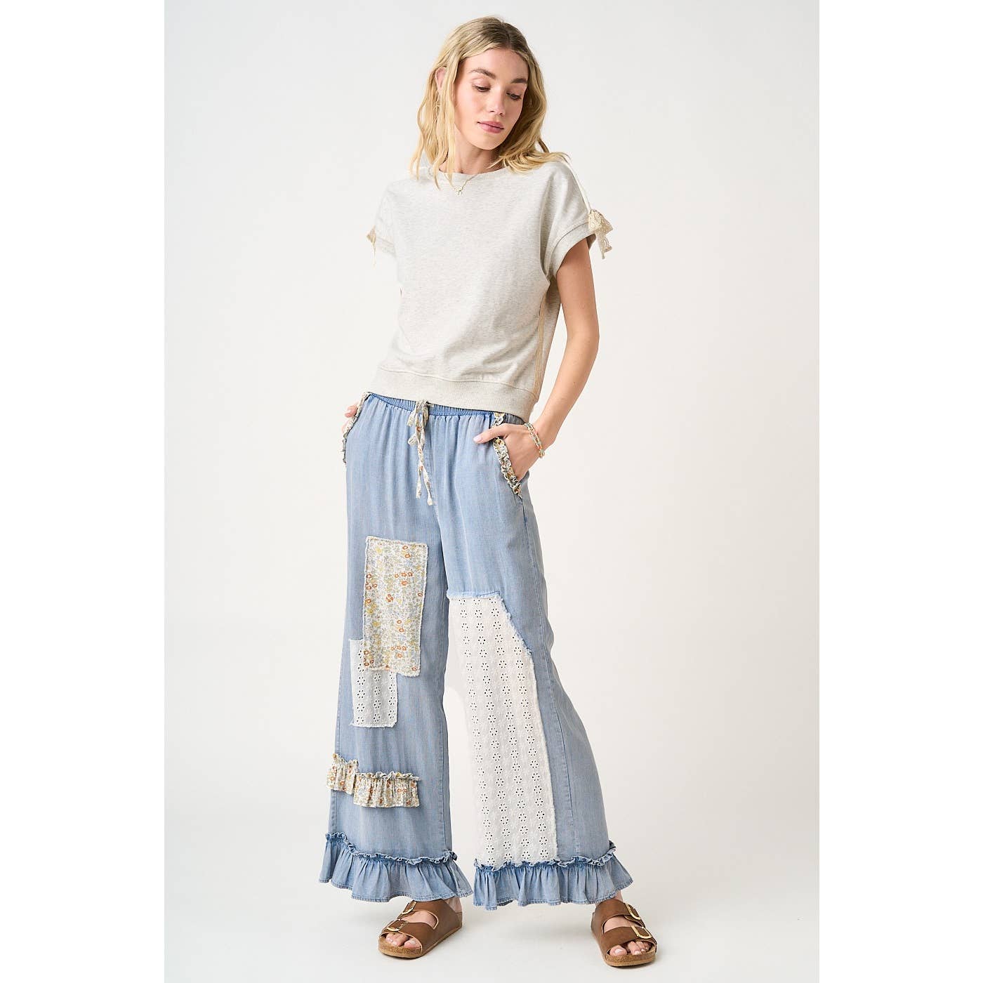 WASHED CHAMBRAY PATCHWORK WIDE LEG PANTS