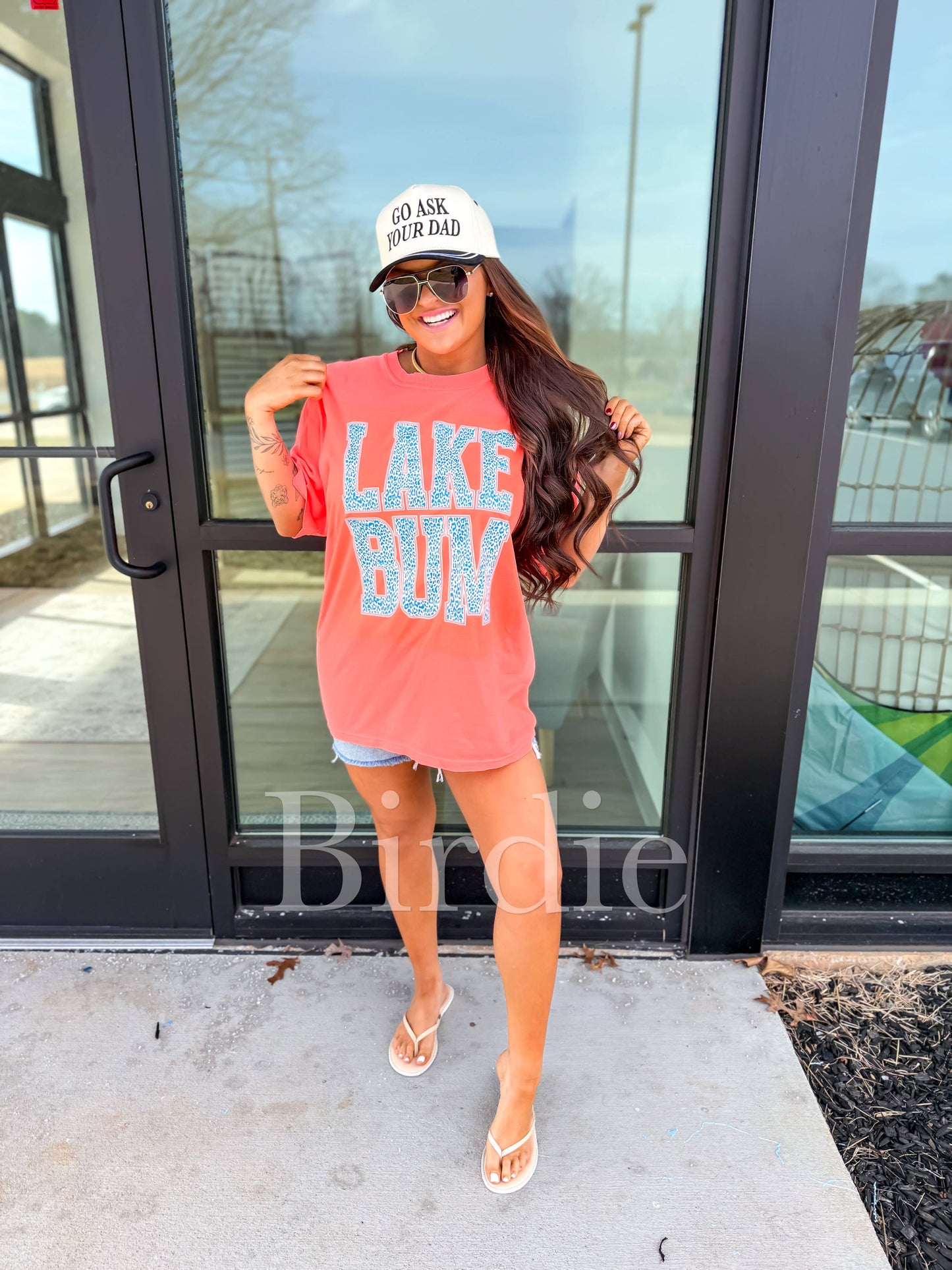 Leopard Lake Bum Graphic Tee on Neon Red Orange