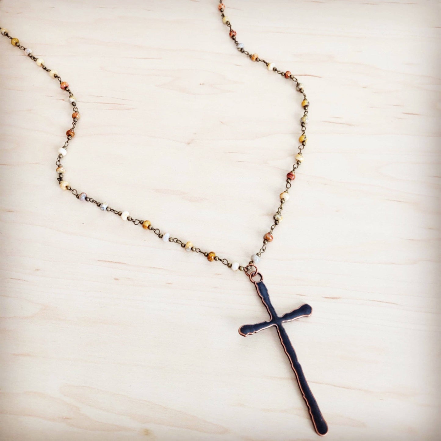 Genuine Natural Agate Long Beaded Necklace with Antique Copper Cross 262z