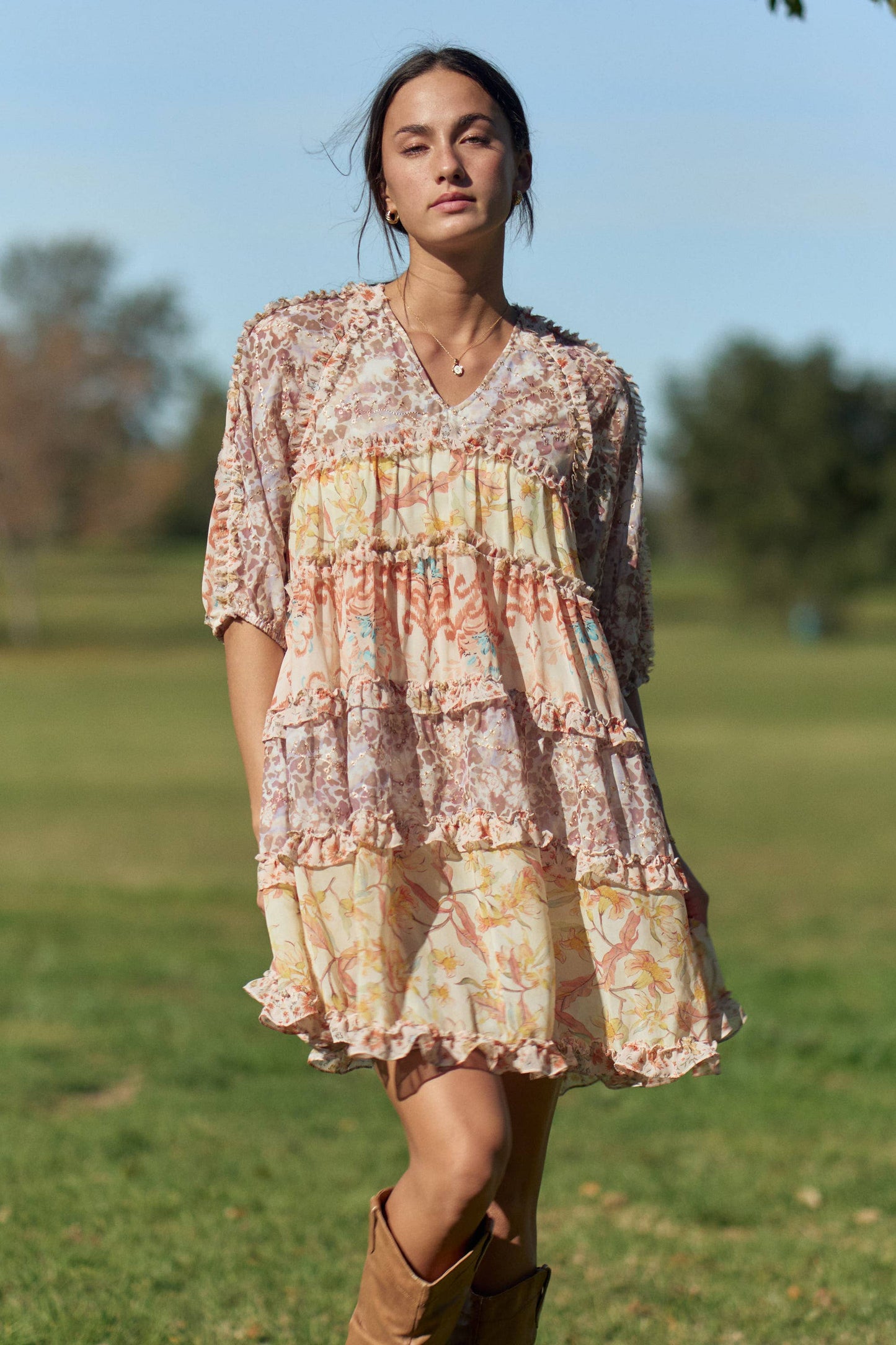 PRINTED CHIFFON MIXED RUFFLE DETAIL TIERED DRESS