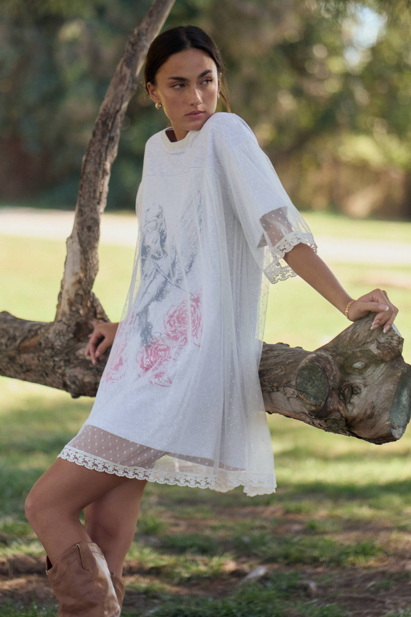 ANGEL PRINTED TERRY DOTTED MESH LAYERED DRESS