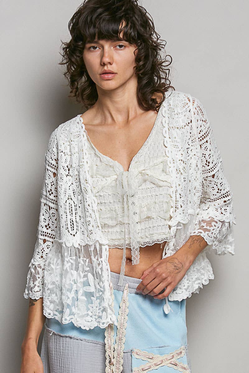 V-neck Short Sleeve Crochet Floral Lace Cardigan