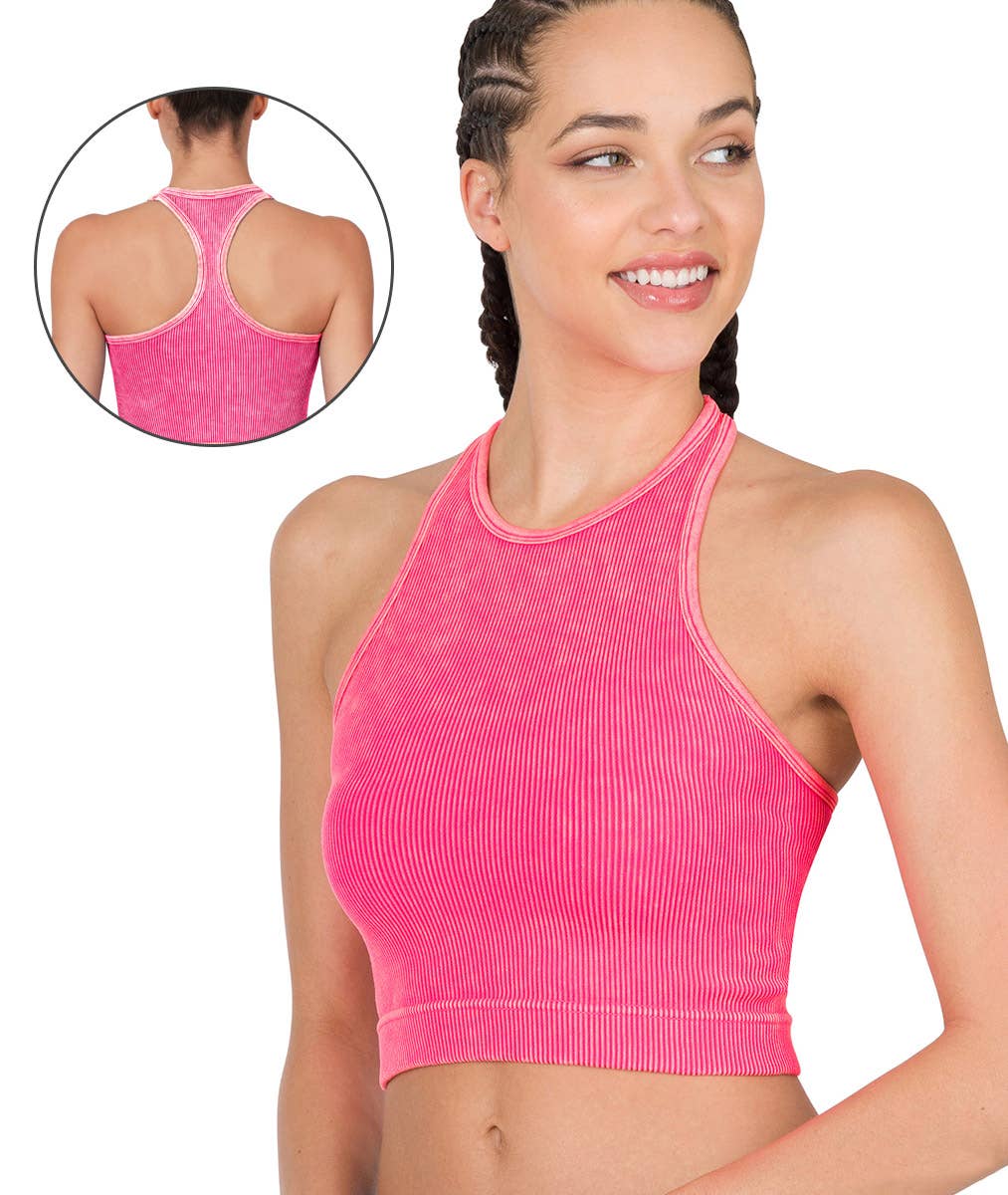....High-neck Racerback Premium Washed Crop Tank
